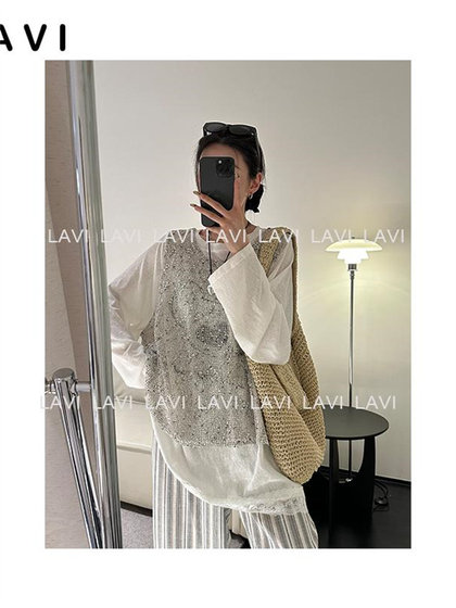 韩版松弛感套装女印花长袖上衣减龄穿搭一整套新款外搭网格马甲潮