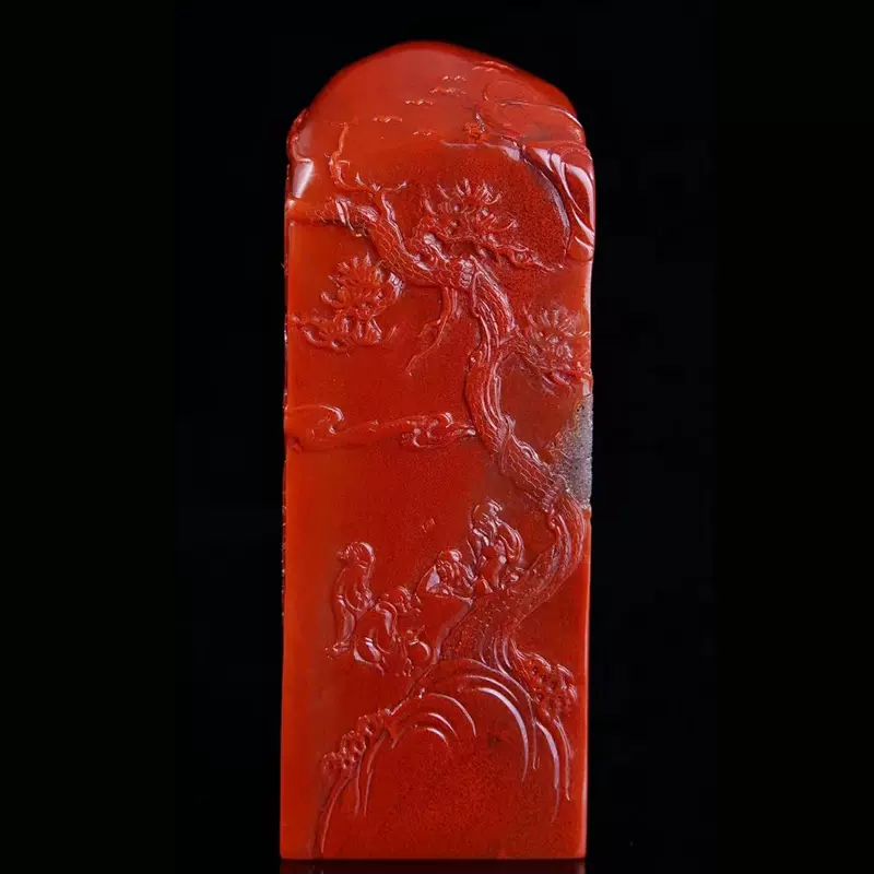 寿山石・田黄石・細密彫・松下聚賢紋印章・箱付・置物・賞物・中国時代