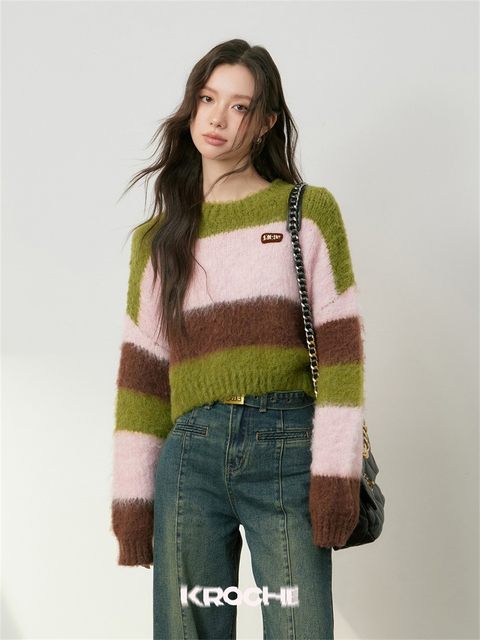 Kroche wool blend contrast stripes loose casual lazy style knitted pullover sweater