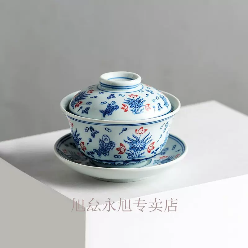 青花盖碗复古釉下手绘陶瓷盖碗大号功夫茶具三才杯青花瓷鱼缠枝|-Taobao 
