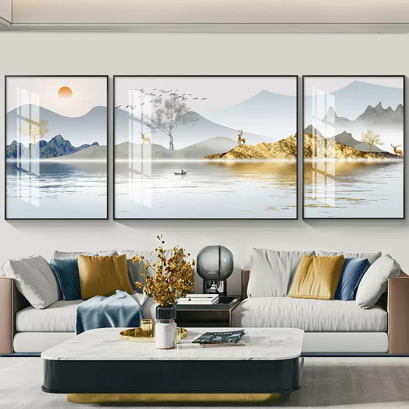 新中式客厅装饰画沙发背景墙三联画壁画轻奢山水画现代简约挂画-Taobao
