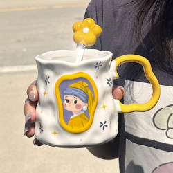 World Famous Painting Retro Ceramic Mug with Lid Water Cup Home Couple Breakfast Coffee Cup Milk Cup Gift