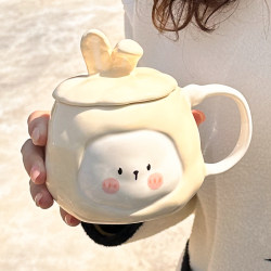 Milk Fufu Cup Ceramic Mug with Lid Rabbit Drinking Cup Couple Home Use Heatable Office Coffee Cup