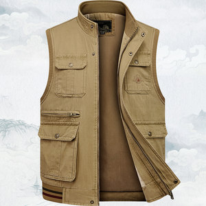 
Workwear multi-pocket pure cotton washed men's vest middle-aged and elderly vest dad spring and autumn stand-up collar top vest