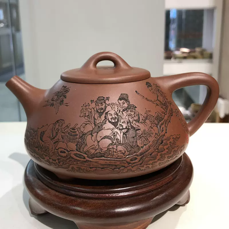 花柄装飾の茶色急須 紫砂 手工 中国古美術・原鉱紅泥・竹