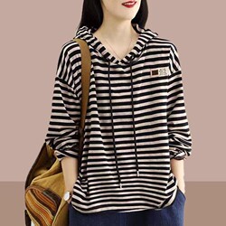 Fashionable Loose Sweatshirt 2026 Autumn and Winter Long-Sleeved Women's Casual Versatile Stripesd Hooded Long-Sleeved Top Plus Size Women's Clothing