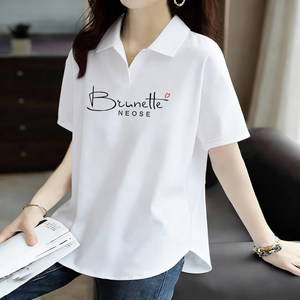 
2026 Summer Polo Collar Short Sleeve Cotton T-Shirt Lapel Women's Loose Large Size Women's Casual Slim Fashion Top