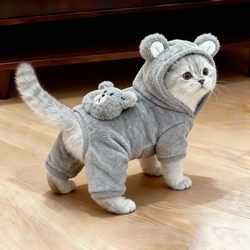 Cat Clothes, Thickened Cute Bear Hoodie, Winter Warm Plush Sweatshirt, Anti-Shedding Pet Dog Clothing