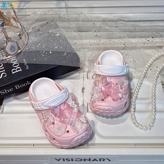 
Girls pink tire sole anti-slip hole shoes for women children's summer crystal butterfly super beautiful slippers for girls