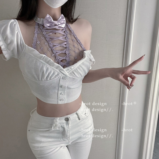 Fantasy purple rhyme* French halter neck beauty back adjustment bra pure sexy top lace gathered vest underwear
