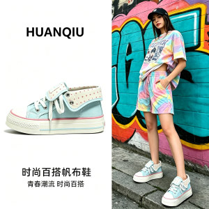Global 2026 summer new high-top flip canvas shoes women's thick-soled popular casual sports versatile sneakers