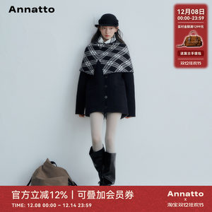 
ANNATTO winter design plaid stand-up collar cape black loose slim long sweater suit for women