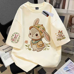 Girls' Pure Cotton Short-Sleeved T-Shirt, Summer 2026 New Korean Style Rabbit Design, Trendy and Versatile Half-Sleeve Top for Older Children