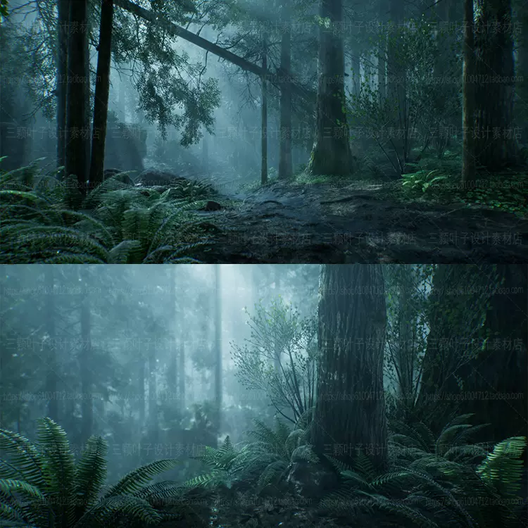 Ue4神秘迷雾森林环境资源巨石枯枝蕨类植物游戏场景cg素材