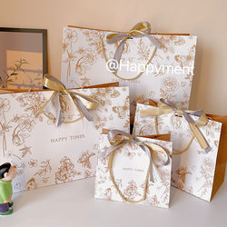 Gift Bag with Golden Flowers, Thick Cardboard, High-End Gift Packaging Bag with Ribbon, Tote Bag, Graduation Season Return Gift Bag