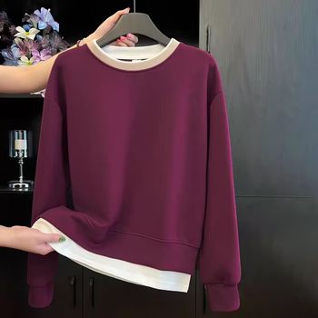 2025 spring and autumn new round neck sweatshirt for women fashion color-blocking versatile slim mother dress loose fake two-piece top