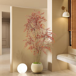 Artificial Green Plant of Nandina with Red Accents, Luxurious Indoor Living Room Large Potted Plant, Floor-Standing High-End Imitation Decoration