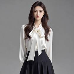 White Acetate Satin Bow Tie Shirt for Women, Spring and Autumn 2026 New Style, Petite High-End Shirt, Long-Sleeved Top