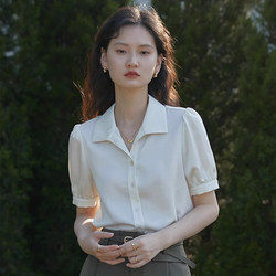 French-Style White Chiffon Shirt for Women, Summer, Petite, Loose, Short-Sleeved, Professional Shirt, Collared, Puff Sleeve Top