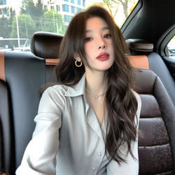 Blue V-Neck Long-Sleeved Shirt for Women in Spring and Autum, Loose Lapel Shirt for Small People, Professional Work Clothing, Chiffon Top