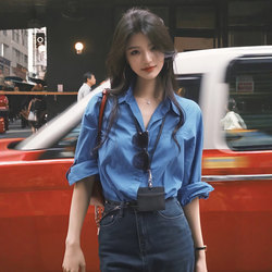 Hong Kong Style Retro Blue Sun Protection Shirt for Women, Summer Thin Style, Petite Turn-Down Collar Shirt, Loose Fit, Slimming Long-Sleeve Top