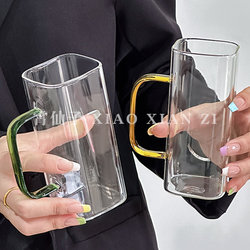 Simple and Elegant Transparent Square Glass Cup, High Borosilicate, High Temperature Resistant, ins Feng Shui Cup with Handle, Household Cup
