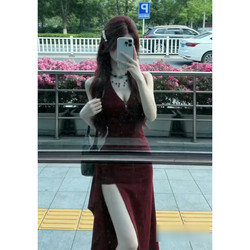 Beautiful and Sexy Red Halter Neck Dress for Early Summer, New 2026 Spring Split Long Dress for Women