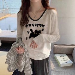 Autumn and Winter V-Neck Color-Blocked Regular Shoulder Pure Cotton Long-Sleeve T-Shirt for Women 2025 New Fashionable Stylish Top Slimming Base Shirt