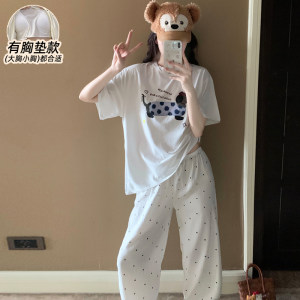 
Pajamas for women, summer pure cotton with breast pads, cute cartoon short-sleeved trousers 2026 new wearable suit for small people
