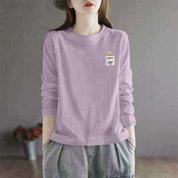 100% Pure Cotton Long-Sleeved Printed T-Shirt for Women, New Spring and Autumn Style, Fashionable and Stylish, Korean Style, Work Clothing, Casual Round Neck ins Top