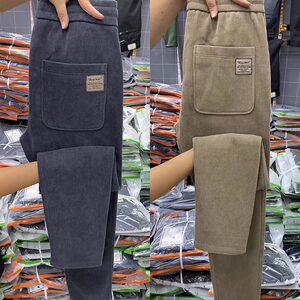 
Soldier striped solid color pants for men's spring and autumn casual pants thickened corduroy plus velvet simple small feet harem pants