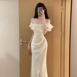 French-Style Elegant Ladylike Ruffled Off-Shoulder Dress with a High-End Feel, Stunning Waist-Cinching and Hip-Hugging Design, Perfect for Summer Banquets
