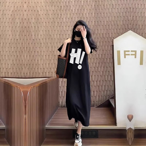 
Casual lazy long skirt over knee straight skirt short-sleeved long summer 2023 new loose T-shirt dress for women