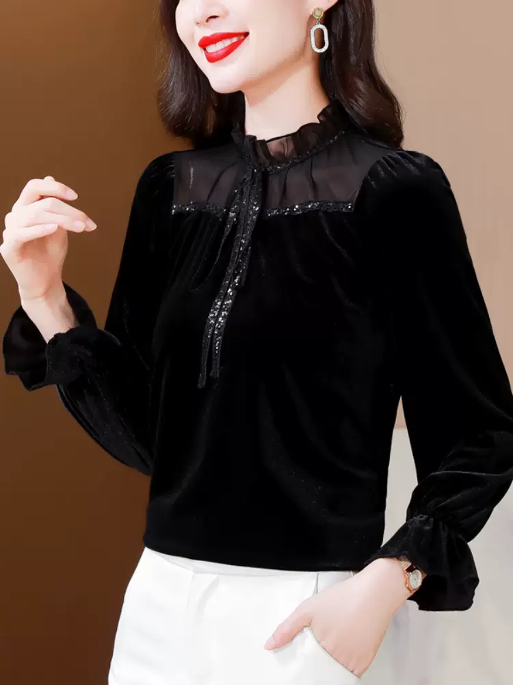 真丝丝绒打底衫女秋冬季洋气宽松妈妈装黑色长袖t恤小衫内搭上衣