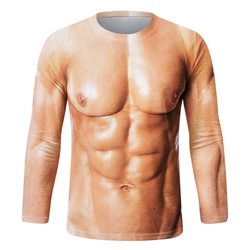 24-Year-Old Creative and Funny Macho Muscle Shirt, Trendy Men's Long-Sleeved Shirt with 3D Stereo Pattern, Personalized Fake Chest and Abdominal Muscle Shirt