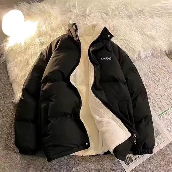 Men's lamb cashmere cotton jacket youth standing collar plus velvet thickened cotton jacket winter student casual couple cotton jacket tide