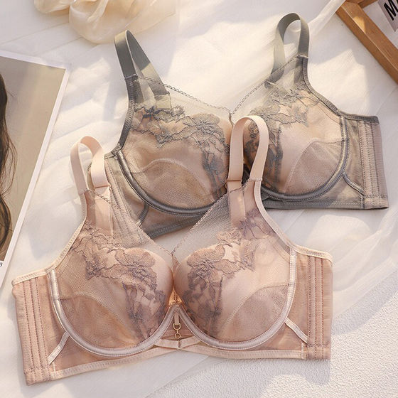 
Lace sexy underwear for women with big breasts, thin and push-up, anti-sagging, adjustable soft steel ring bra