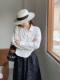 Women's green stripes single-breasted temperament waist-hugging solid color white long-sleeved lapel cardigan
