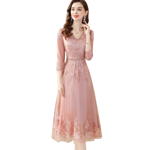 
Mingsi socialite temperament heavy industry embroidered mesh dress women 2026 spring new V-neck diamond embroidered long skirt