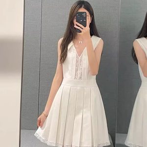 
TE shushu fashionable simple V-neck hollow integrated high-waist dress lace pleated a-line vest skirt