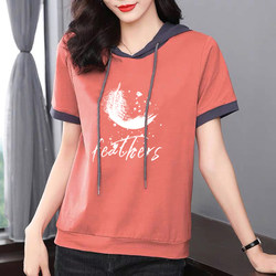 Hooded Short-Sleeved T-Shirt for Women 2024 Summer New Large Size Pure Cotton Casual Bottoming Shirt Loose Niche Patchwork Top