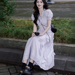 First Love, Pure and Sweet, Rich Girl Style Dress, Women's Summer French Fairy-Like Style, Ruffled Purple Dress