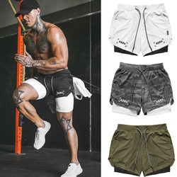 Men's Sports Shorts, Double-Layered, Anti-Exposure, Elastic, Breathable, Running, Squat, Weightlifting Training, Quick-Drying, Five-Point Shorts