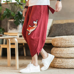 Summer linen wide-leg cropped pants for men, loose shorts, trendy beach harem pants, casual pants, Chinese style pants