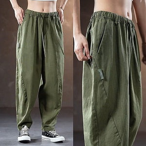 New high-end linen pants for men's simple loose and versatile straight harem pants for middle-aged breathable cotton and linen casual pants