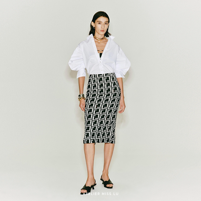 AtelierMissLu2024 Spring and Summer New Brand Custom Letter Print Pencil Skirt