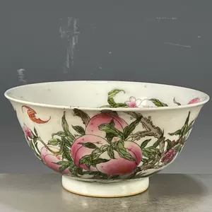 大清雍正年製 白釉粉彩福寿桃紋茶碗美品古董