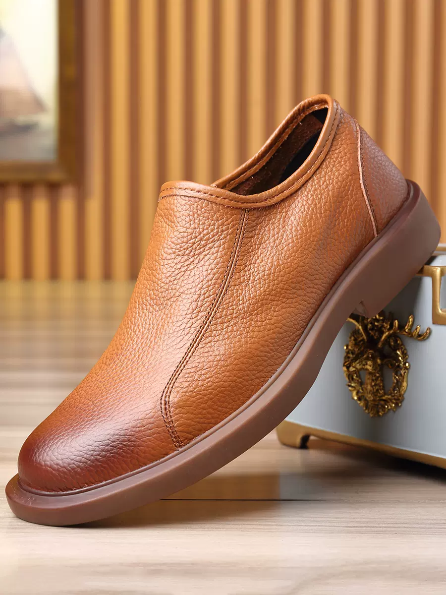 休闲皮鞋男真皮夏季透气单层牛皮男鞋一脚蹬牛筋软底中年爸爸皮鞋