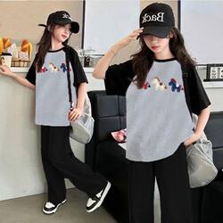 Girls' Princess-Style Summer Outfit, Stylish Ice Silk Pants, Fashionable Short-Sleeve Loose Casual Two-Piece Set for Older Children