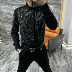 22758 autumn and winter new European goods men's inside with lapel hot drill long -sleeved shirt slim -fitting business casual men